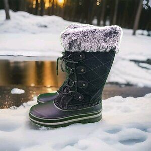 ✅Khombu ELLIE Black Leather Winter Boots Women's Size 6M Mid-Calf Lace-Up Shoes